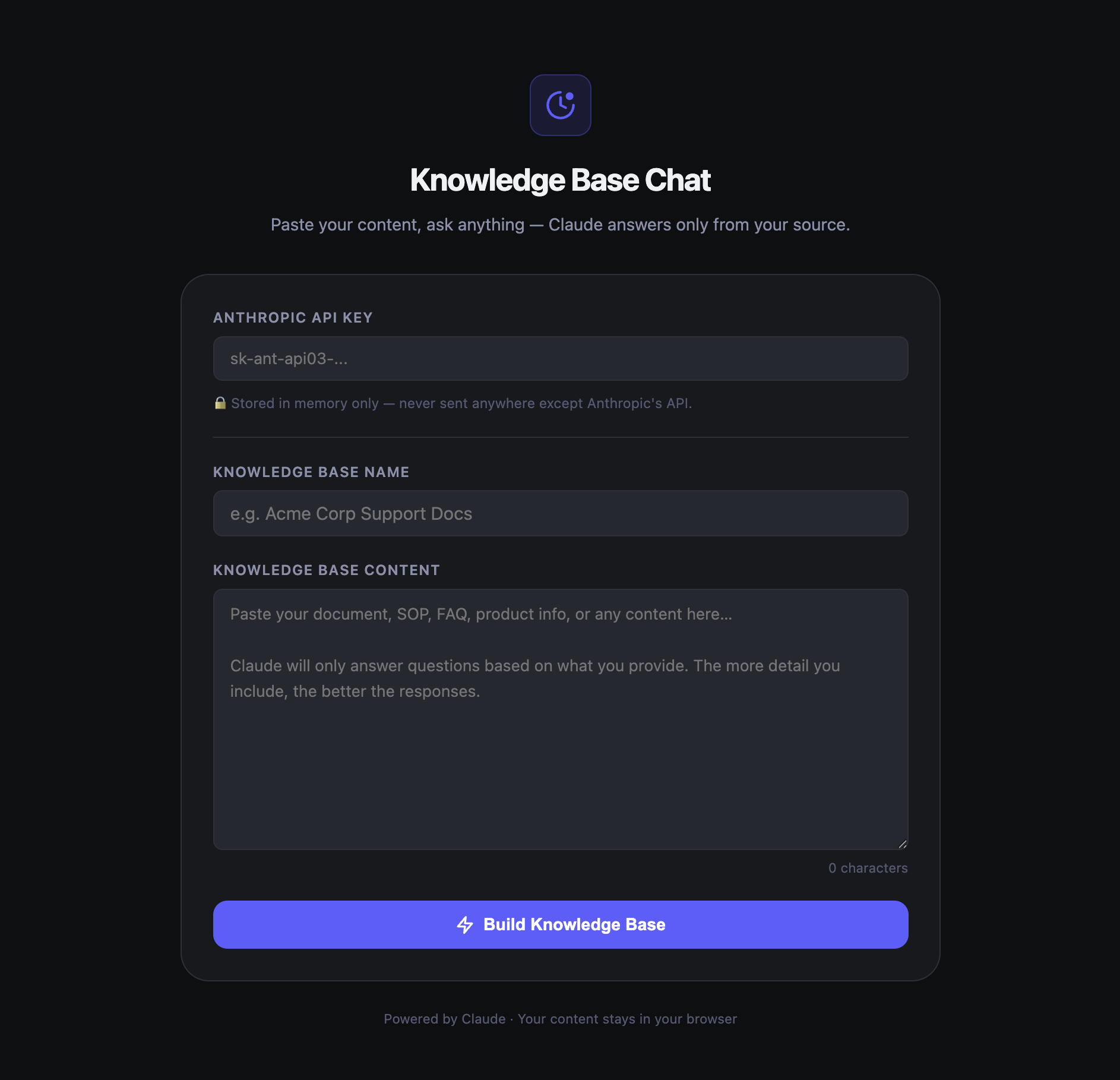 AI Knowledge Base Chat setup screen where the user supplies their own Anthropic API key, names a knowledge base, and pastes the source content to chat over.