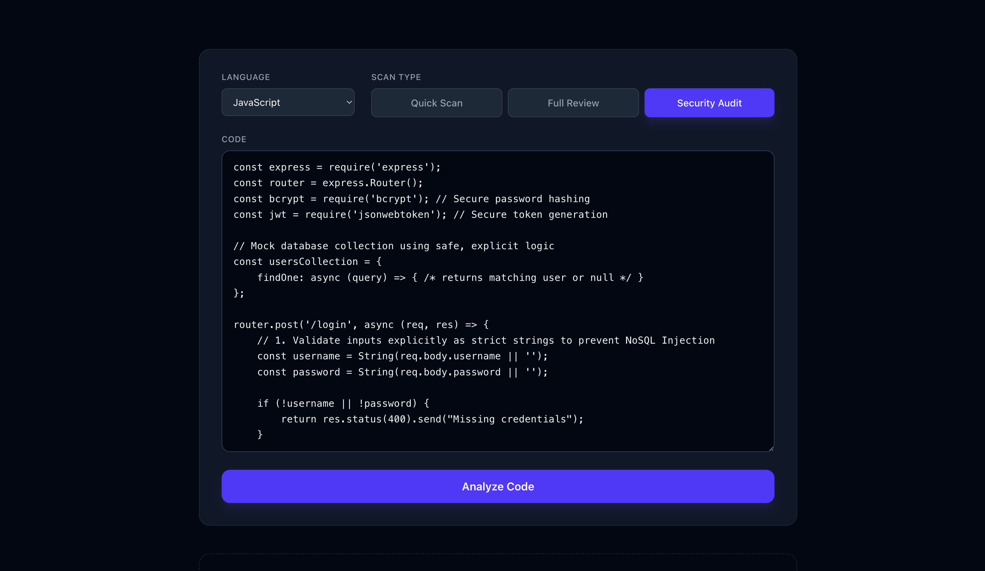 CodeReview AI input screen with pasted source code ready for review.